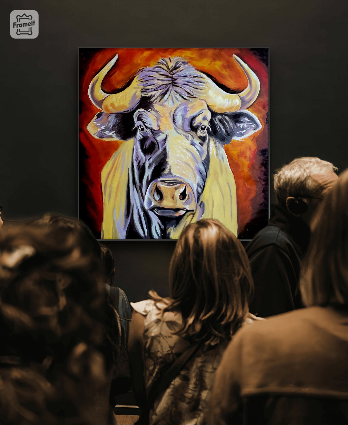 15) Animals "Bull On Parade" oil on wood panel