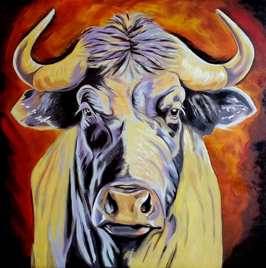 15) Animals "Bull On Parade" oil on wood panel